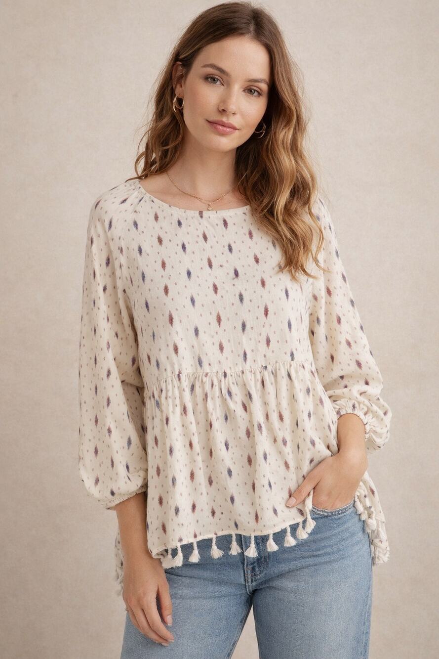 Anthropologie Eri + Ali Fringe Tassel Cream South Western Top Women's Size S